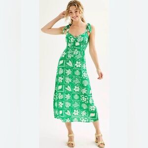 Green and White Floral Tie-Strap Midi Dress Size L